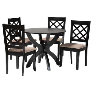 Baxton Studio Baxton Studio Savina 5-Piece Dining Set: Modern Round Table & Foam-Padded Chairs in Sand Fabric Savina-Sand/Dark Brown-5PC Dining Set