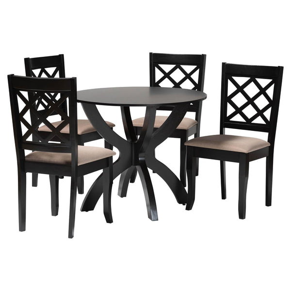 Baxton Studio Baxton Studio Savina 5-Piece Dining Set: Modern Round Table & Foam-Padded Chairs in Sand Fabric Savina-Sand/Dark Brown-5PC Dining Set