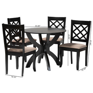 Baxton Studio Baxton Studio Savina 5-Piece Dining Set: Modern Round Table & Foam-Padded Chairs in Sand Fabric Savina-Sand/Dark Brown-5PC Dining Set
