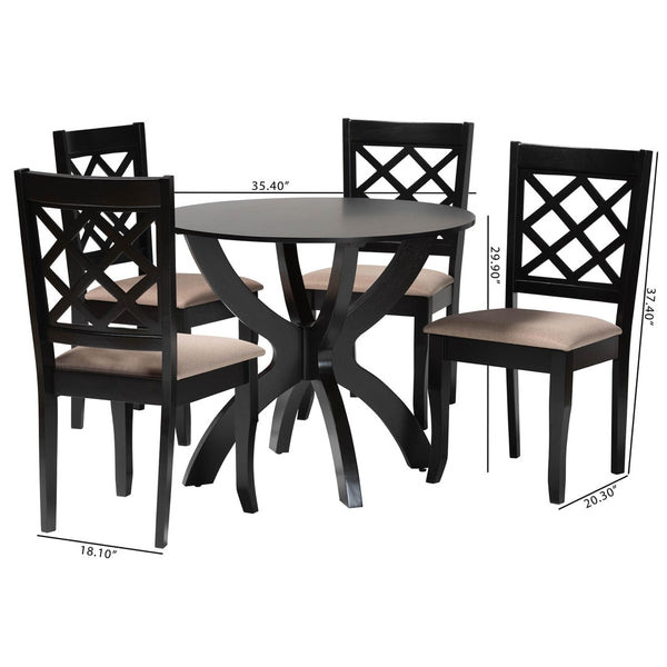 Baxton Studio Baxton Studio Savina 5-Piece Dining Set: Modern Round Table & Foam-Padded Chairs in Sand Fabric Savina-Sand/Dark Brown-5PC Dining Set