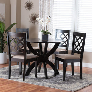Baxton Studio Baxton Studio Savina 5-Piece Dining Set: Modern Round Table & Foam-Padded Chairs in Sand Fabric Savina-Sand/Dark Brown-5PC Dining Set