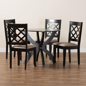 Baxton Studio Baxton Studio Savina 5-Piece Dining Set: Modern Round Table & Foam-Padded Chairs in Sand Fabric Savina-Sand/Dark Brown-5PC Dining Set