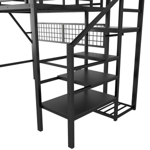 English Elm Full Size Metal Loft Bed with Wardrobe Stairs Rgb Lighting Industrial Frame W2580S00051