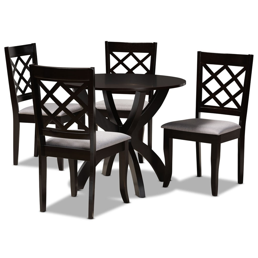 Baxton Studio Baxton Savina 5-Piece Dining Set: Modern Grey Upholstered Chairs & Round Table for Stylish Dining Savina-Grey/Dark Brown-5PC Dining Set