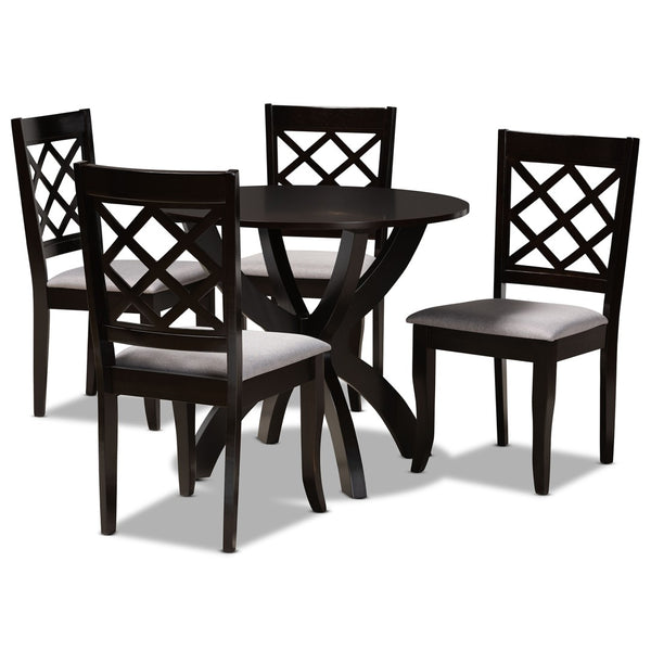 Baxton Studio Baxton Savina 5-Piece Dining Set: Modern Grey Upholstered Chairs & Round Table for Stylish Dining Savina-Grey/Dark Brown-5PC Dining Set