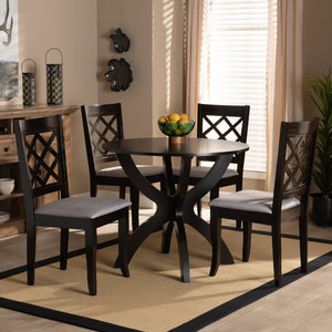 Baxton Studio Baxton Savina 5-Piece Dining Set: Modern Grey Upholstered Chairs & Round Table for Stylish Dining Savina-Grey/Dark Brown-5PC Dining Set