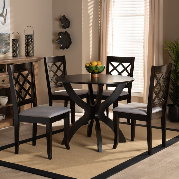 Baxton Studio Baxton Savina 5-Piece Dining Set: Modern Grey Upholstered Chairs & Round Table for Stylish Dining Savina-Grey/Dark Brown-5PC Dining Set