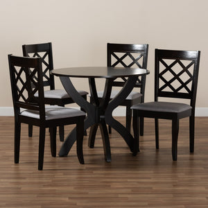 Baxton Studio Baxton Savina 5-Piece Dining Set: Modern Grey Upholstered Chairs & Round Table for Stylish Dining Savina-Grey/Dark Brown-5PC Dining Set