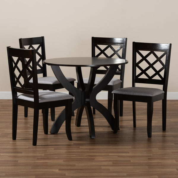 Baxton Studio Baxton Savina 5-Piece Dining Set: Modern Grey Upholstered Chairs & Round Table for Stylish Dining Savina-Grey/Dark Brown-5PC Dining Set