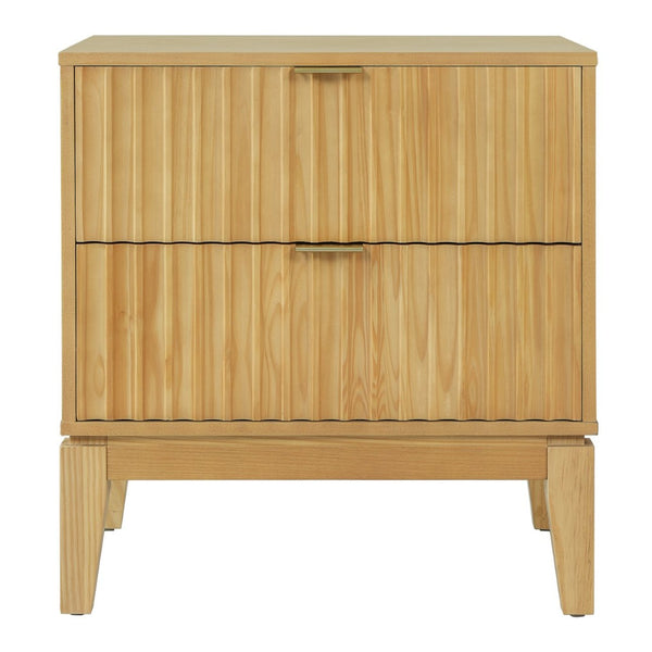 English Elm Natural Rubber Wood Fluted 2 Drawer Nightstand with Gold Pulls for Modern Bedrooms N758P386962N