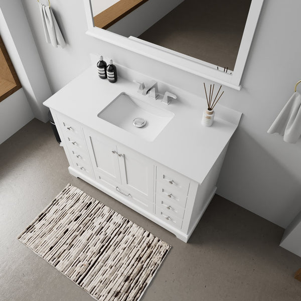 English Elm White 48 in. Single Bath Vanity with White Quartz Top, Solid Wood, Soft-Close Drawers, Storage B2731P258207
