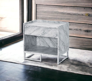 English Elm Azrael White Faux Marble Top Accent Table with Chrome Metal Base, Drawer & Open Storage, 100lb Limit B2726P340578