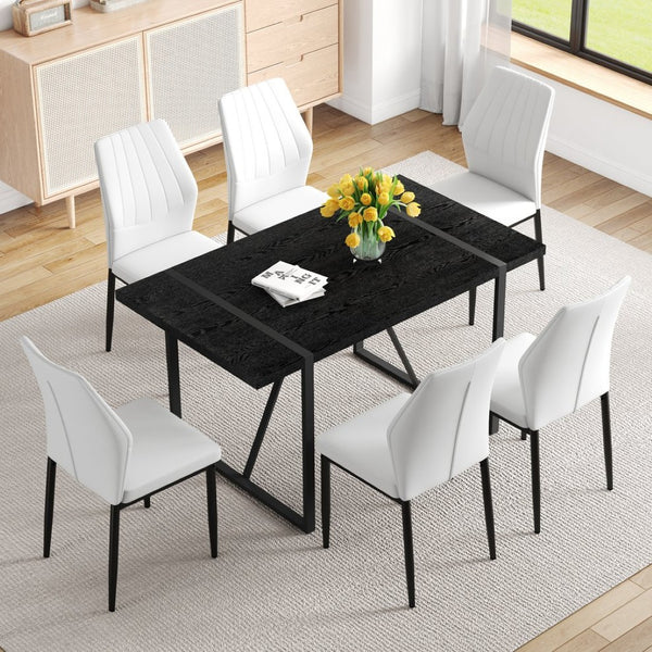 English Elm Table and Chair Set Round 42 Inch Wood Grain Dining with Tempered Glass and 6 Seats W1151S04367