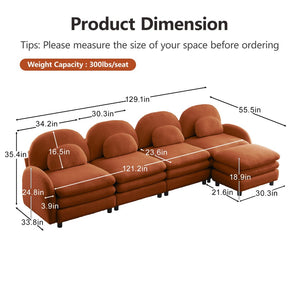 English Elm Teddy Fleece Curved Modular Sectional Sofa with Ottoman Four Seat Cloud Comfort Orange W5656S00103