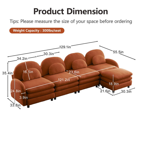 English Elm Teddy Fleece Curved Modular Sectional Sofa with Ottoman Four Seat Cloud Comfort Orange W5656S00103