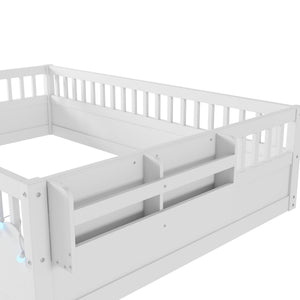 English Elm Full Montessori floor bed offering high rails, built-in light and shelf for safe independent sleep and storage White 79.13 L x 13 W x 6.3 H W2593P333586