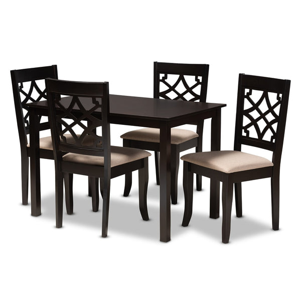 Baxton Studio Baxton Mael 5-Piece Modern Dining Set – Espresso Brown Oak Table & Upholstered Chairs for Style RH331C-Sand/Dark Brown-5PC Dining Set