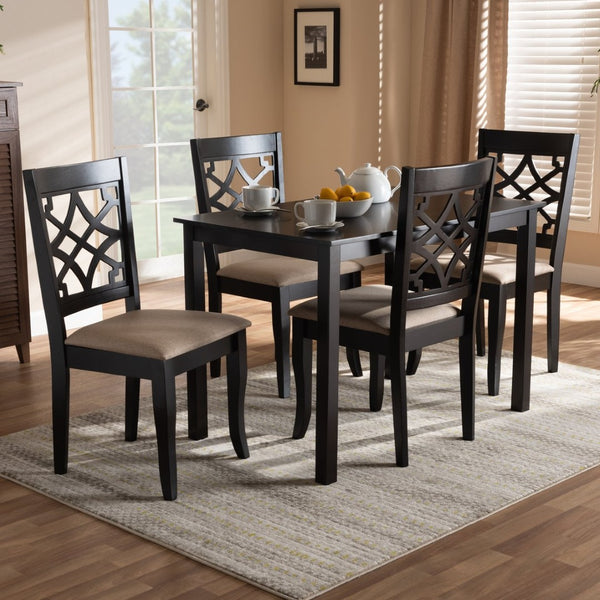 Baxton Studio Baxton Mael 5-Piece Modern Dining Set – Espresso Brown Oak Table & Upholstered Chairs for Style RH331C-Sand/Dark Brown-5PC Dining Set