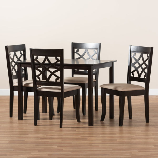 Baxton Studio Baxton Mael 5-Piece Modern Dining Set – Espresso Brown Oak Table & Upholstered Chairs for Style RH331C-Sand/Dark Brown-5PC Dining Set