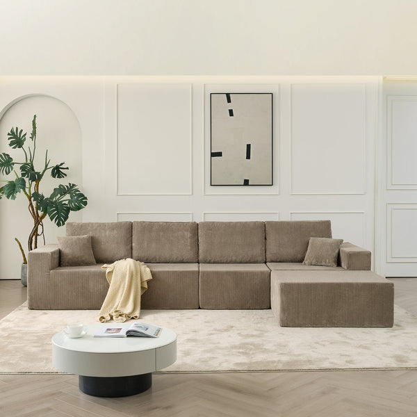 English Elm 139.3" Modular Sectional Sofa - Cloud-Like Boneless Corduroy Couch with Ottoman, 2 Pillows, No Assembly Grey W2656S00010