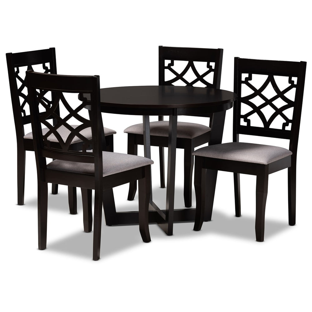 Baxton Studio Baxton Studio Tricia 5-Piece Grey Fabric Dining Set with Circular Table and Stylish Cut-Out Chairs Tricia-Grey/Dark Brown-5PC Dining Set