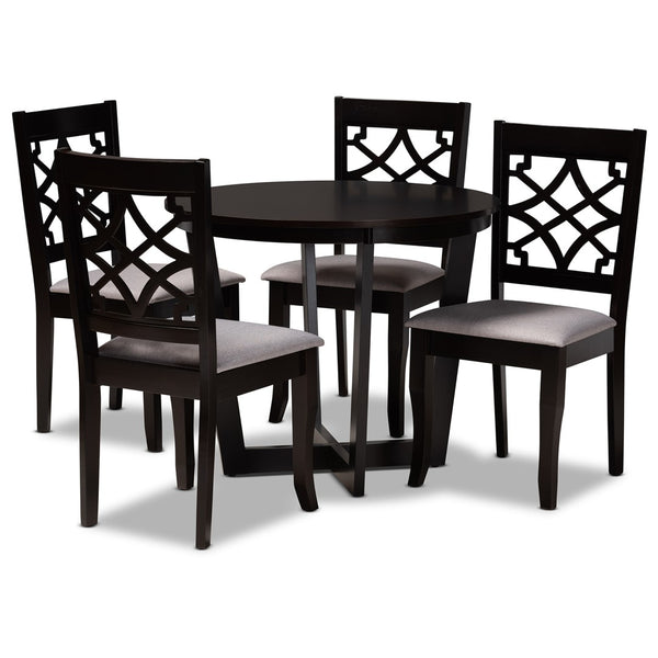Baxton Studio Baxton Studio Tricia 5-Piece Grey Fabric Dining Set with Circular Table and Stylish Cut-Out Chairs Tricia-Grey/Dark Brown-5PC Dining Set