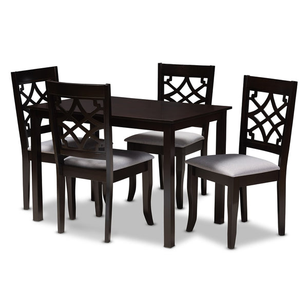 Baxton Studio Baxton Modern Mael 5-Piece Grey Upholstered Dining Set with Espresso Oak Finish for Stylish Meals RH331C-Grey/Dark Brown-5PC Dining Set