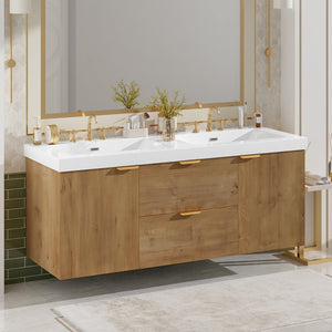 English Elm [video]59.3 Inch Wall Mounted Double Sink Vanity Wood Grain Mdf Soft Close Storage N729P000027N