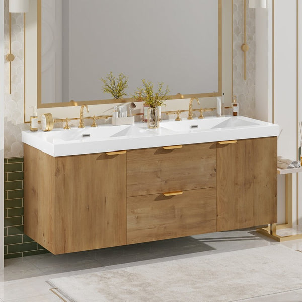 English Elm [video]59.3 Inch Wall Mounted Double Sink Vanity Wood Grain Mdf Soft Close Storage N729P000027N