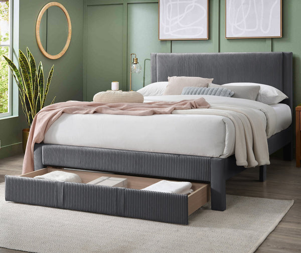 English Elm Contemporary Corduroy Upholstered Queen Platform Bed with Plush Headboard and Under-Drawer Storage Charcoal 62 L x 24 W x 10 H B011P238966