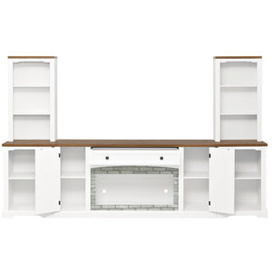 English Elm 3-piece Farmhouse Entertainment Center with Curved Cabinets Walnut Mdf Modular Living Room White N721S000068K