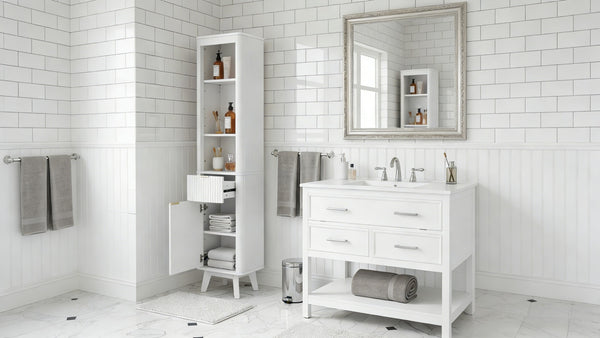 English Elm 68" Tall Fluted Freestanding Storage Cabinet with Drawer and Adjustable Shelf for Bathroom White N817P375218W