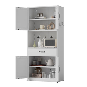 English Elm 71 Inch Steel Kitchen Pantry Cabinet with Adjustable Shelves Drawer and Hooks Modern White T2398P413028