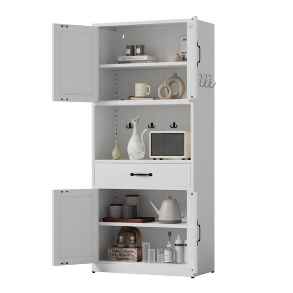 English Elm 71 Inch Steel Kitchen Pantry Cabinet with Adjustable Shelves Drawer and Hooks Modern White T2398P413028