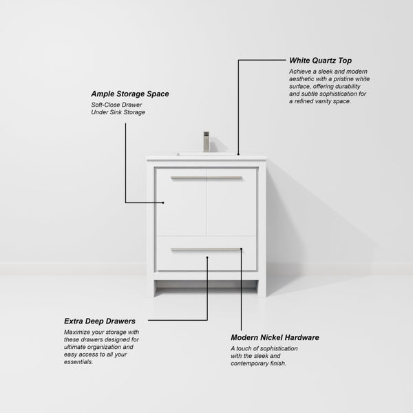 English Elm White Bath Vanity With Durable Quartz Top, Gun Metal Faucet & Ample Storage For Modern Spaces B2731P259322-GIGA