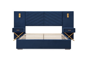 English Elm Queen Velvet Wingback Platform Bed Channel Tufted Upholstered Frame No Box Spring Blue W1793S00051
