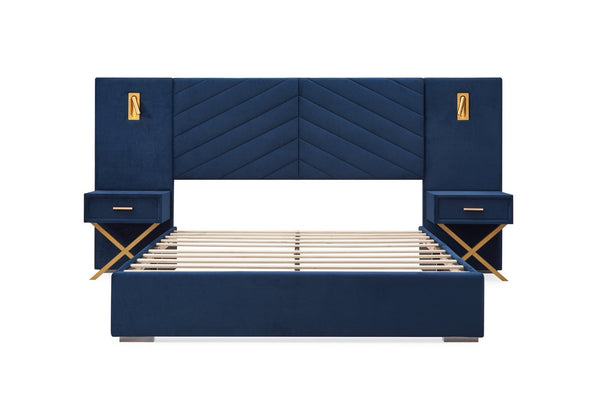 English Elm Queen Velvet Wingback Platform Bed Channel Tufted Upholstered Frame No Box Spring Blue W1793S00051