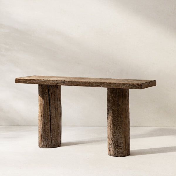 English Elm Arbor Reclaimed Elm Console Table Sculptural Pillar Legs Rustic Entryway Sofa B2719P474448