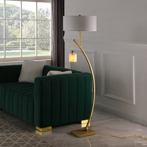 English Elm 59" Contemporary Dual Arc Floor Lamp with Hanging Pendant & Drum Shades, 3-Way Rotary Lighting Control Gold B072P222448