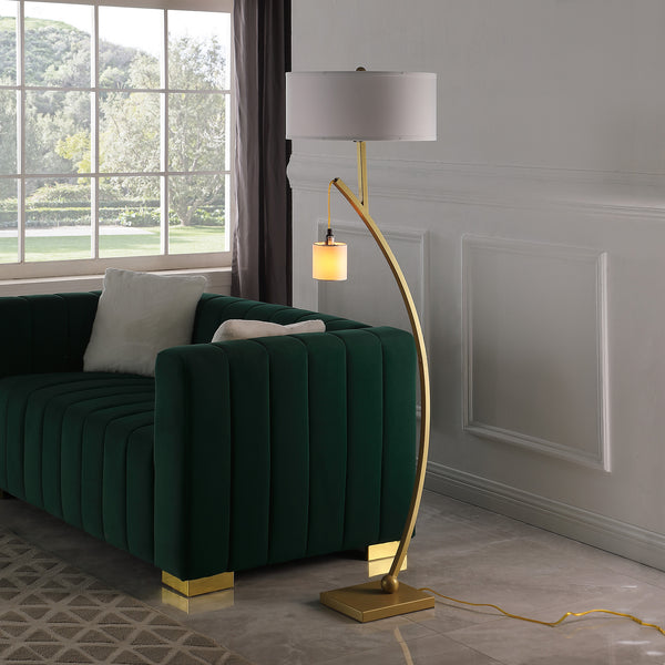English Elm 59" Contemporary Dual Arc Floor Lamp with Hanging Pendant & Drum Shades, 3-Way Rotary Lighting Control Gold B072P222448