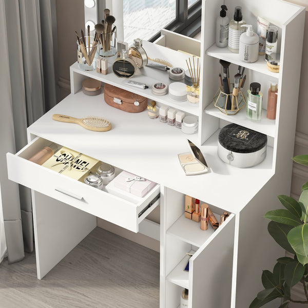 English Elm Vanity LED Mirror Dressing Table with Touch Controls, Large Drawer & Smart Storage for Bedroom White W2386P288809