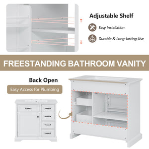 English Elm [video] 36 Inch Freestanding Bathroom Vanity Rubberwood Cabinet with Ceramic Sink Storage White N759P313315K