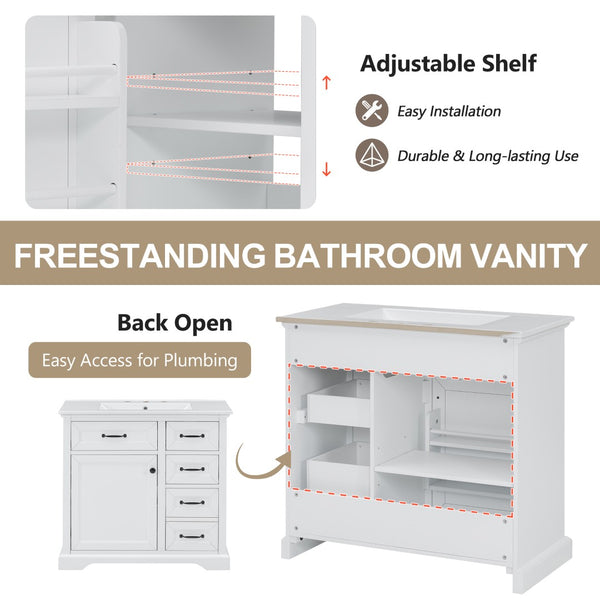 English Elm [video] 36 Inch Freestanding Bathroom Vanity Rubberwood Cabinet with Ceramic Sink Storage White N759P313315K