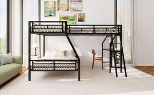 English Elm Twin Triple Bunk Bed with Loft, Desk & Shelf — Metal Black L-Shaped Sleep/Study Space, No Box SpringNeeded SM000606AAB