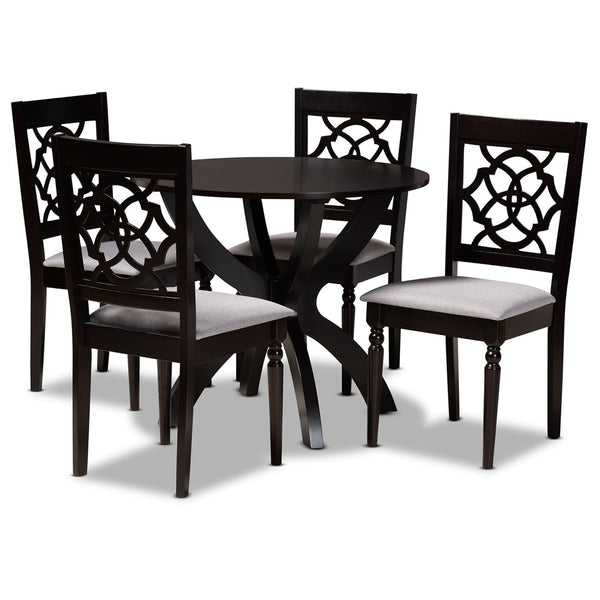 Baxton Studio Baxton Studio Tonia 5-Piece Modern Grey Fabric Dining Set with Round Table & Stylish Chairs Tonia-Grey/Dark Brown-5PC Dining Set
