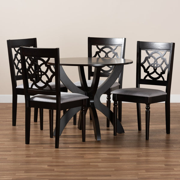 Baxton Studio Baxton Studio Tonia 5-Piece Modern Grey Fabric Dining Set with Round Table & Stylish Chairs Tonia-Grey/Dark Brown-5PC Dining Set