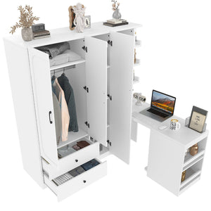English Elm Multifunctional Wardrobe Cabinet with Fold Out Desk Hanging Rod and Storage Drawers Light White W1580S00475