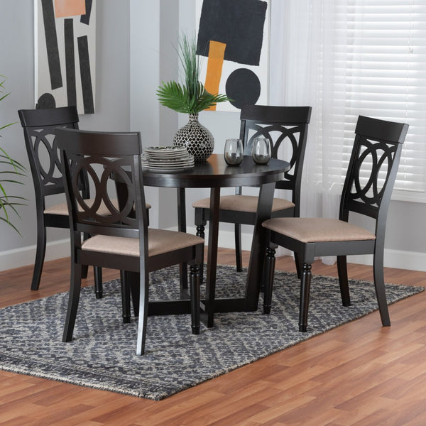 Baxton Studio Baxton Estelle 5-Piece Modern Dining Set with Round Table & Plush Beige Chairs for Stylish Spaces Estelle-Sand/Dark Brown-5PC Dining Set