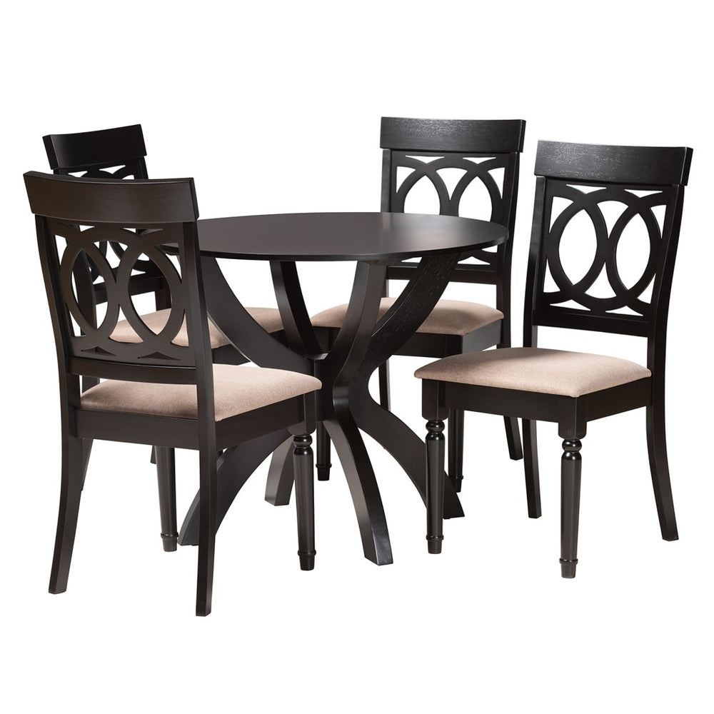 Baxton Studio Baxton Studio Velia 5-Piece Modern Dining Set with Sand Fabric Chairs and Elegant Round Table Design Velia-Sand/Dark Brown-5PC Dining Set