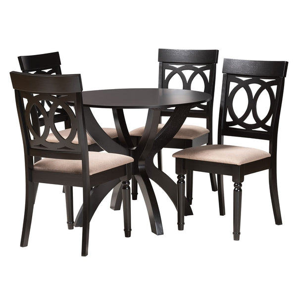 Baxton Studio Baxton Studio Velia 5-Piece Modern Dining Set with Sand Fabric Chairs and Elegant Round Table Design Velia-Sand/Dark Brown-5PC Dining Set